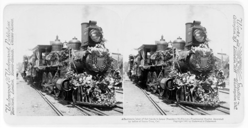 Affectionate Labor of Fair Hands to honor President McKinley--Presidential Engine Decorated by Ladies of Santa Cruz, Cal., Stereo Card, Underwood & Underwood, 1901