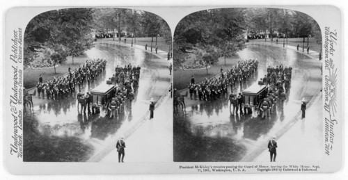 President McKinley's remains passing the Guard of Honor leaving the White House, Washington D.C., USA, Stereo Card, Underwood & Underwood, September 17 1901