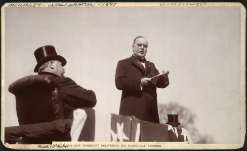 The New President Delivering his Inaugural Address, William McKinley Speaking as former President Grover Cleveland, Seated, Listens, Washington DC, USA, March 4, 1897