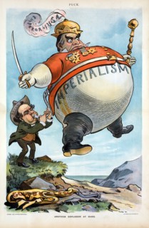 "Another Explosion at Hand", Political Cartoon Featuring William Jennings Bryan, using  hot-air from his "Speeches", to inflate a Large Balloon Labeled "Imperialism", of President William McKinley Dre...