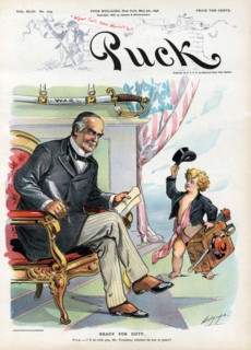 "Ready for Duty", Political Cartoon featuring Puck offering his Services to U.S. President William McKinley with a Sword labeled "War" Hanging on Wall, Puck Magazine, Artwork by Louis Dalrymple, Publi...