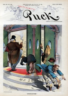 "McKinleyism", Political Cartoon Featuring Fat Businessman Labeled "Monopolist" being Welcomed into  "U.S. Senate", and on right, a "Tax Payer" being Booted out by  Large Shoe Labeled "Tariff Legislat...