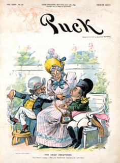 "The Dear Creatures", Political Cartoon Featuring Old Woman Sitting on Bench, holding a purse labeled "G.O.P.", with Benjamin Harrison on (left) and William McKinley (right), vying for her Attention, ...