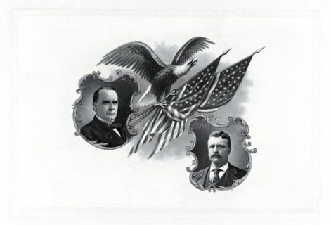 Head and Shoulders Portraits of William McKinley and Theodore Roosevelt with Eagle and two U.S. Flags, Campaign Poster, Engraving, 1900