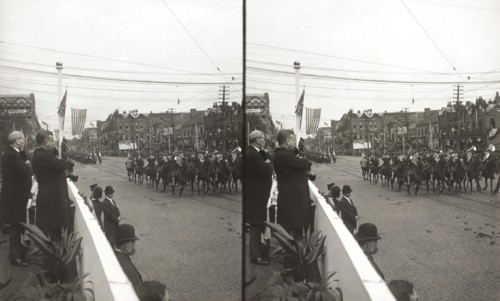 U.S. President Theodore Roosevelt with the Mayor of Canton Reviewing Parade on McKinley Memorial Day, Canton, Ohio, USA, Stereo Card, October 7, 1907
