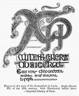 Fragment of a copy of the Evangelists in Latin, Anglo-Saxon Manuscript of the 10th century, with illuminated initial letter, Illustration from John Cassell's Illustrated History of England, Vol. I fro...