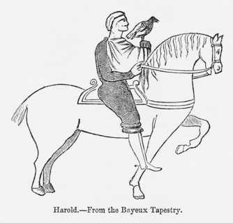 Harold, from the Bayeux Tapestry, Harold II Riding on Horse with Hawk Perched on his Hand, Illustration from John Cassell's Illustrated History of England, Vol. I from the earliest period to the reign...