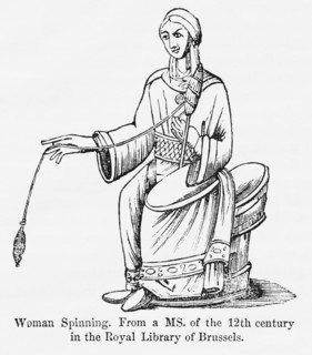 Woman Spinning From a Manuscript of the 12th century in the Royal Library of Brussels, Illustration from John Cassell's Illustrated History of England, Vol. I from the earliest period to the reign of ...