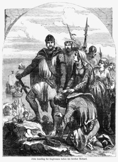 John kneeling for forgiveness before his brother Richard, Illustration from John Cassell's Illustrated History of England, Vol. I from the earliest period to the reign of Edward the Fourth, Cassell, P...