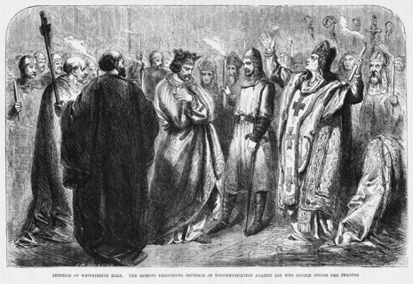 Interior of Westminster Hall, The Bishops Denouncing Sentence of Excommunication again all who should oppose the Charter, Illustration from John Cassell's Illustrated History of England, Vol. I from t...