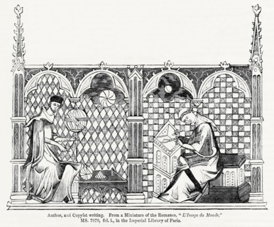 Author and Copyist writing, From a miniature of the Romance, “L’Image du Monde,” MS. 7070, for. i., in the Imperial Library of Paris, Illustration from John Cassell's Illustrated History of England, V...