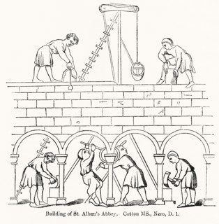 Building of St. Alban’s Abbey. Cotton MS., Nero, D.1, Illustration from John Cassell's Illustrated History of England, Vol. I from the earliest period to the reign of Edward the Fourth, Cassell, Pette...