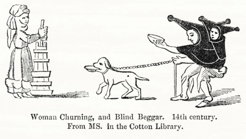 Woman Churning, and Blind Beggar, 14th century, From MS. in the Cotton Library, Illustration from John Cassell's Illustrated History of England, Vol. I from the earliest period to the reign of Edward ...