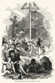 English Merrymaking in the Fourteenth Century, Dancing around Maypole, Illustration from John Cassell's Illustrated History of England, Vol. I from the earliest period to the reign of Edward the Fourt...
