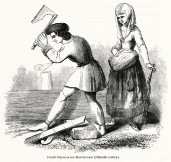 French Carpenter and Maid-Servant (Fifteenth Century), Illustration from John Cassell's Illustrated History of England, Vol. I from the earliest period to the reign of Edward the Fourth, Cassell, Pett...