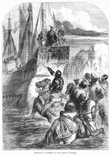Reception of Sigismund on the Coast of England, Illustration from John Cassell's Illustrated History of England, Vol. I from the earliest period to the reign of Edward the Fourth, Cassell, Petter and ...