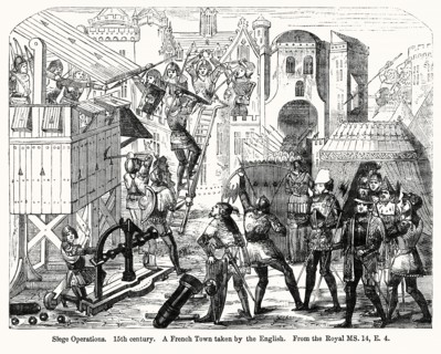 Siege Operations, 15th century, A French Town taken by the English, From the Royal MS. 14, E. 4, Illustration from John Cassell's Illustrated History of England, Vol. I from the earliest period to the...
