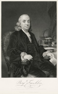 Benjamin Franklin (1706-90), American Printer, Publisher, Author, Inventor, Scientist, Diplomat and one of the Founding Fathers of the United States, Seated Portrait, Steel Engraving, Portrait Gallery...