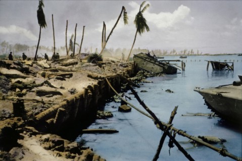 Dead Bodies in Water and on Beach with onlooking U.S. Marines during Battle of Tarawa, Tarawa Atoll, Gilbert Islands, November 1943