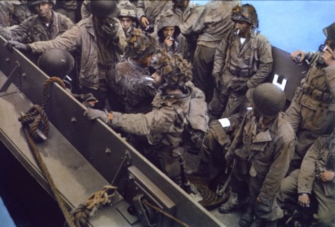 U.S. Soldiers aboard Landing Craft, Vehicle, Personnel (LCVP), approaching Omaha Beach, Normandy, France, June 7, 1944