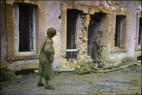 Two U.S. Soldiers Searching through Damaged Buildings, Battle of Normandy, Cherbourg, France, June 1944