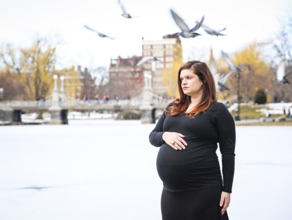 Pregnant Woman Portrait, Birds Flying Overhead, Boston Public Garden, Boston, Massachusetts, USA