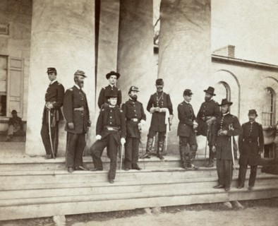 General Samuel P. Heintzelman and Union Officers Standing on Steps of Arlington House, Arlington, Virginia, USA, Photography by Alexander Gardner, 1862