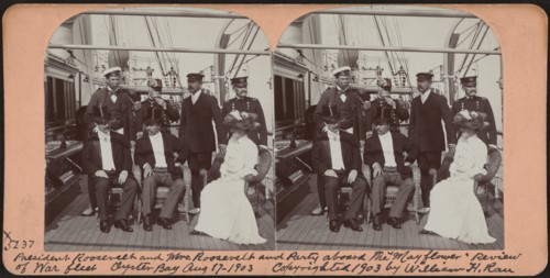 U.S. President Theodore Roosevelt (1st row center), Edith Roosevelt (1st row right) and Guests aboard Mayflower during Review of War Fleet, Oyster Bay, New York, USA, Stereo Card, William H. Rau, Augu...