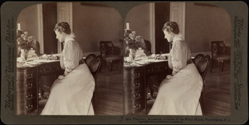 Mrs. Roosevelt, at home in the White House, Washington DC, USA, Stereo Card, Underwood & Underwood, 1903