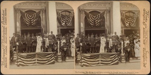 The President, Mrs. Roosevelt and Party Reviewing the Parade before the Exposition Auditorium, Charleston, South Carolina, USA, Stereo Card, Underwood & Underwood, 1902