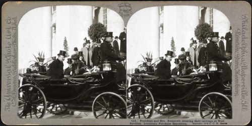 President and Mrs. Roosevelt entering their Carriage at West Pavilion, Louisiana Purchase Exposition, St. Louis, Missouri, USA, Stereo Card, C.H. Graves, The Universal Photo Art Co., 1904
