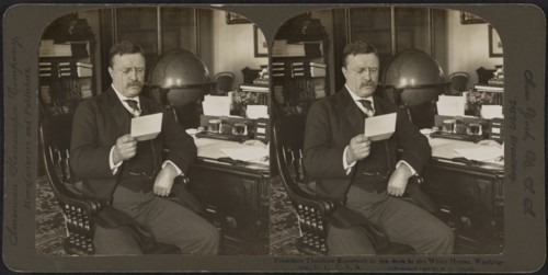 President Theodore Roosevelt at his desk in the White House, Washington, D.C., USA, Stereo Card, R.Y. Young, American Stereoscopic Co., 1903