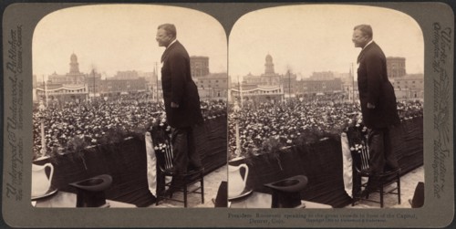 President Roosevelt speaking to the great crowds in front of the Capitol, Denver, Colo., Stereo Card, Underwood & Underwood, 1903