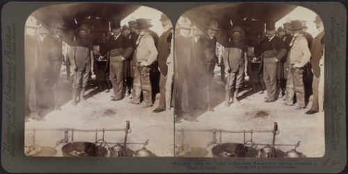 "Pot luck" with the "boys", President Roosevelt's Cowboy Breakfast at Hugo, Colorado, Stereo Card, Underwood & Underwood, 1903
