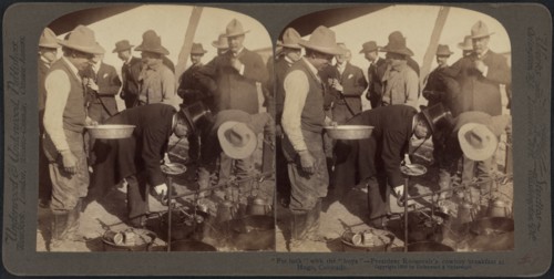 "Pot luck" with the "boys", President Roosevelt's Cowboy Breakfast at Hugo, Colorado, Stereo Card, Underwood & Underwood, 1903