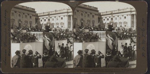 President Theodore Roosevelt delivering his inaugural address, Washington, D.C., Stereo Card, American Stereoscopic Co., March 4, 1905