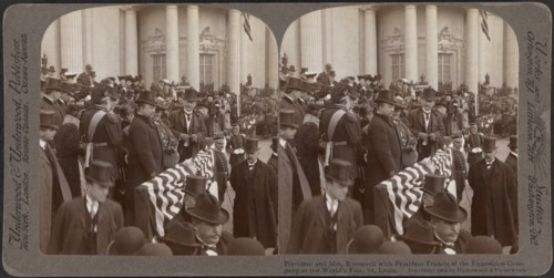 President and Mrs. Roosevelt with President David R. Francis of the Exposition Company at the World's Fair, St. Louis, Stereo Card, Underwood & Underwood, 1904