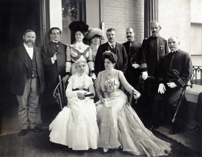 U.S. President Theodore Roosevelt in group portrait with Illinois Governor Richard Yates (left), Illinois Lieutenant Governor William Northcott (far left), three Unidentified Military Officers and Fou...