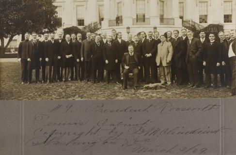 U.S. President Theodore Roosevelt at Farewell Event on White House Lawn for his "Tennis Cabinet", Bronze Statue of Crouching Cougar by Alexander P. Proctor, Presented to Roosevelt by the group, is at ...