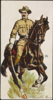 Theodore Roosevelt, in Uniform on Horseback, Holding Sword, Color Lithograph Illustration by McLoughlin Bros., 1898