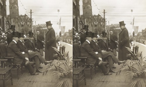 President Roosevelt, with the Mayor of Canton and the Governor of Ohio, Reviewing Parade on McKinley Memorial Day, Canton, Ohio, USA, Stereo Card, Underwood & Underwood, September 30, 1907