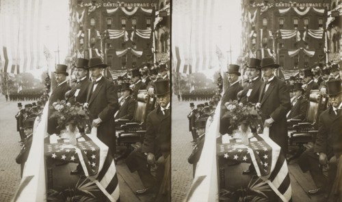 President Roosevelt, with the Mayor of Canton and the Governor of Ohio, Reviewing Parade on McKinley Memorial Day, Canton, Ohio, USA, Stereo Card, Underwood & Underwood, September 30, 1907
