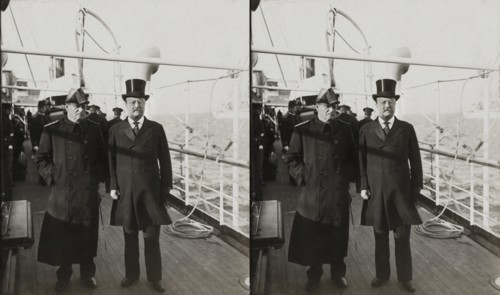U.S. President Theodore Roosevelt and Admiral Robley "Fighting Bob" Evans on Deck of U.S.S. Mayflower, Stereo Card, 1907