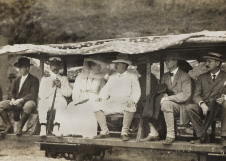 U.S. President Theodore Roosevelt and Wife Edith Roosevelt inspecting Canal Work from Narrow Gauge Train, L-R: Engineer J. G. Holcombe, Surgeon General Rear Admiral Presley Marion Rixey, Edith Rooseve...
