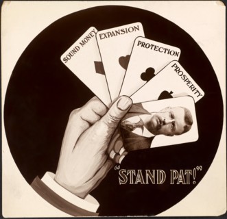 Presidential Election Campaign Card with Montage Showing a Drawn Hand Holding Four Playing Cards Labeled "Sound Money, Expansion, Protection, Prosperity" and Fifth Card with Portrait of Theodore Roose...
