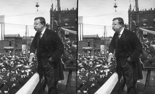 U.S. President Theodore Roosevelt Speaking to Crowd, Asheville, North Carolina, USA, Stereo Card, September 9, 1902