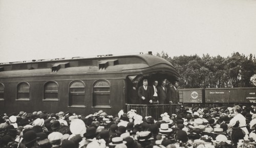 Former U.S. President Speaking to Crowd from back of Railroad Car, Willmar, Minnesota, USA, Photograph by E. Elkjer, 1910