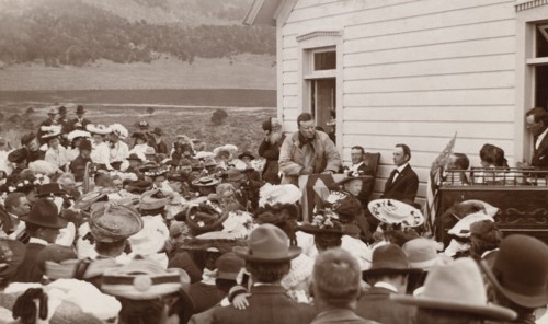 U.S. President Theodore Roosevelt giving Speech outside School House, Divide Creek, Colorado, USA, Photograph by Charles A. Bradley, 1905