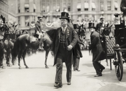 Theodore Roosevelt walking in Parade with New York City Mayor William Gaynor in background (right) during his Homecoming Reception after his trip Abroad, New York City, New York, USA, June 23, 1910