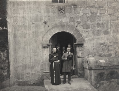 U.S. President Theodore Roosevelt standing with Clergyman outside a building at Santa Barbara Mission, Santa Barbara, California, USA, Photograph by J.E. Rainey, May 9, 1903